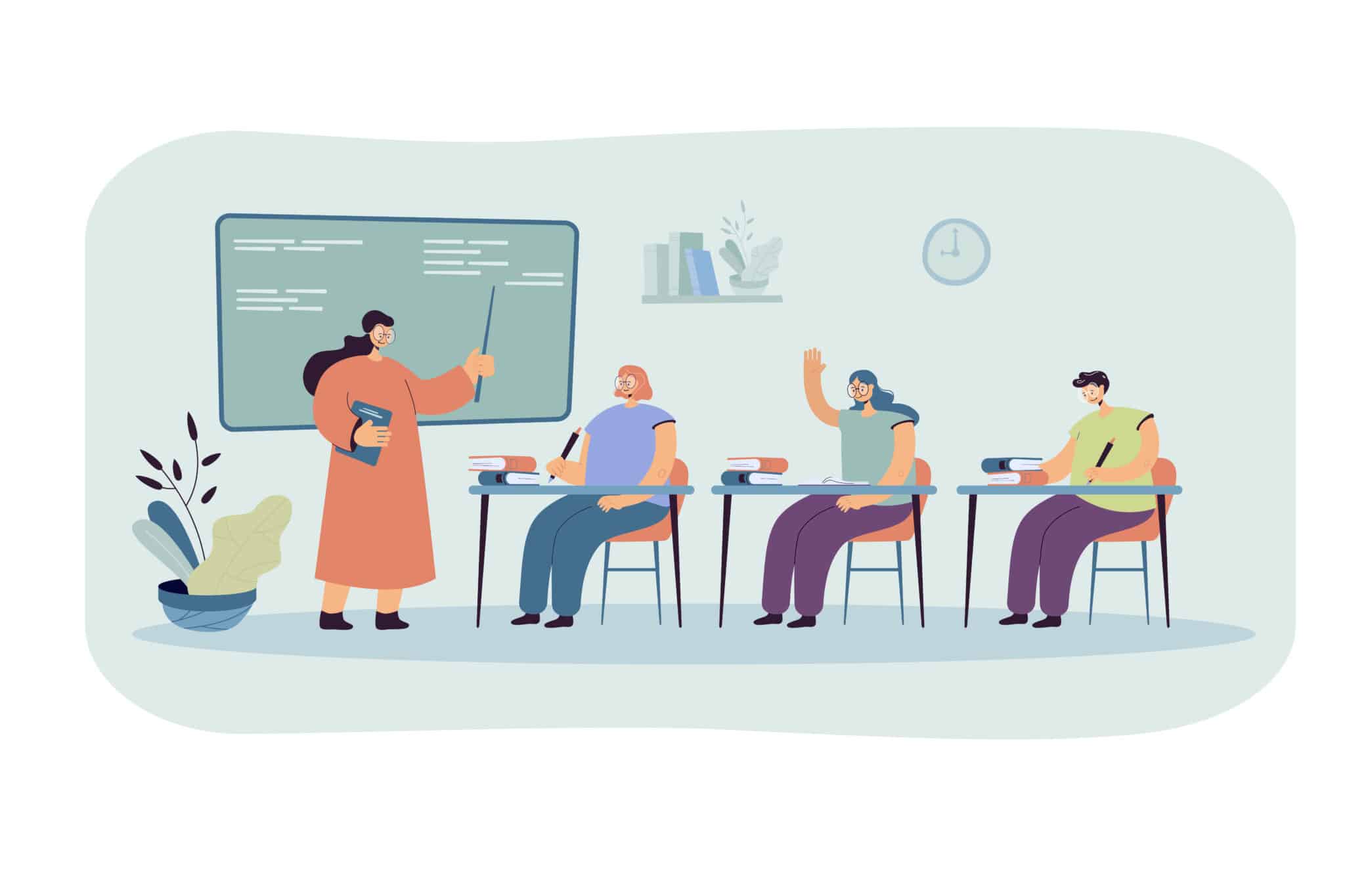 Happy students learning in college flat vector illustration