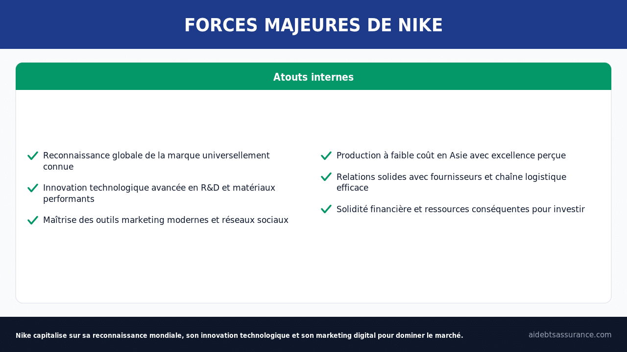 Liste des forces stratégiques de Nike incluant marque reconnue, innovation technologique, marketing puissant et santé financière
