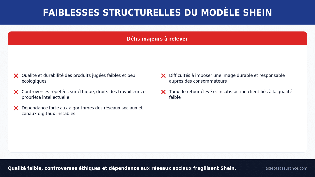 Faiblesses de Shein : qualité produit faible, controverses éthiques, dépendance digitale.