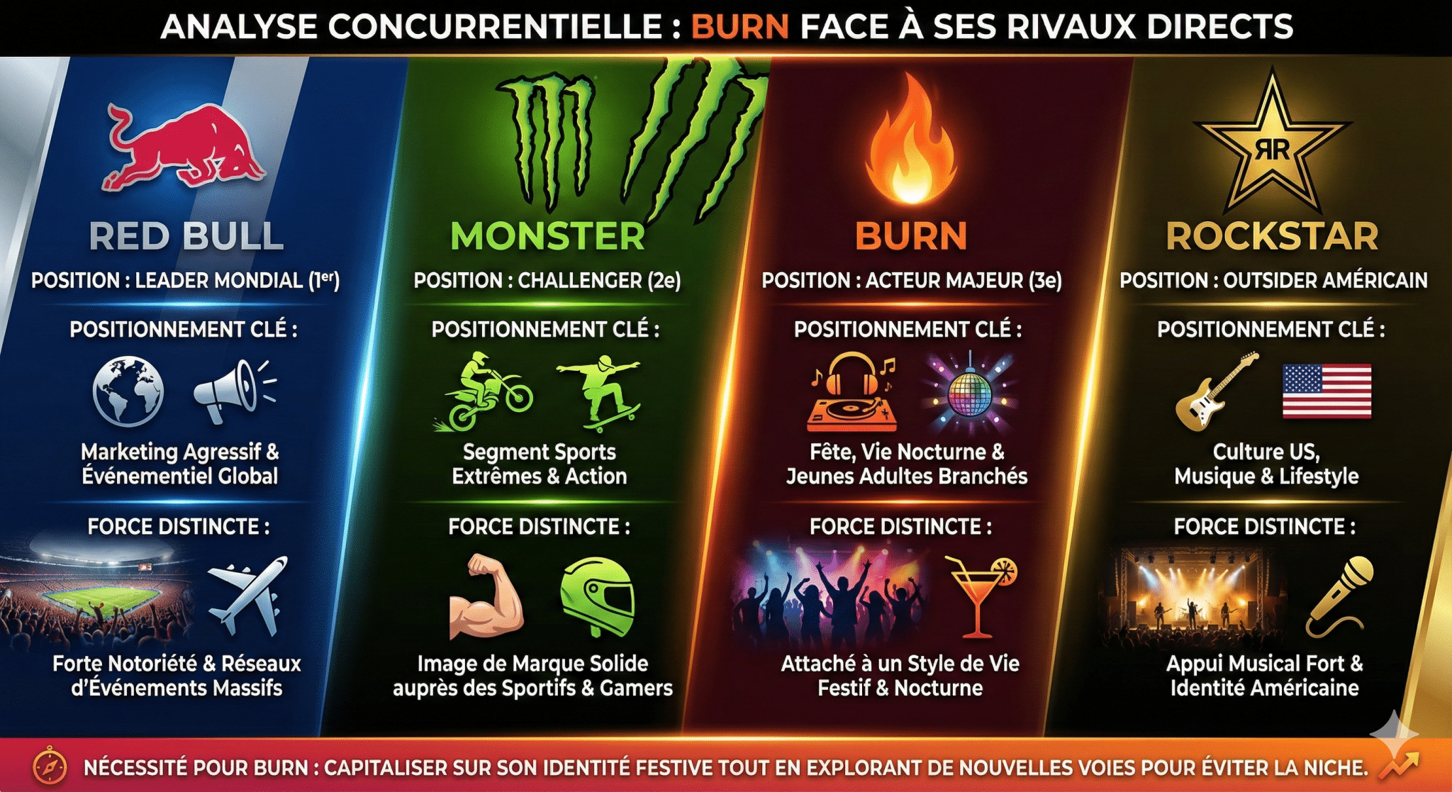 Analyse spécifique de la marque Burn face à ses concurrents directs