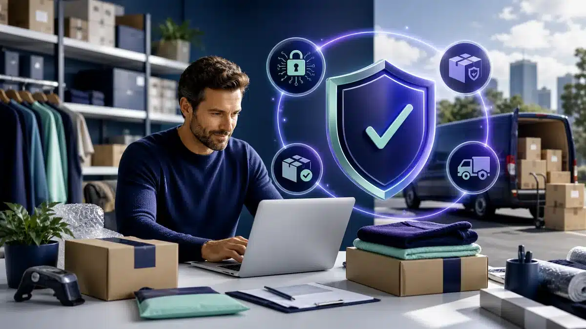 Commerçant en ligne protégeant commandes, stock, données et livraisons