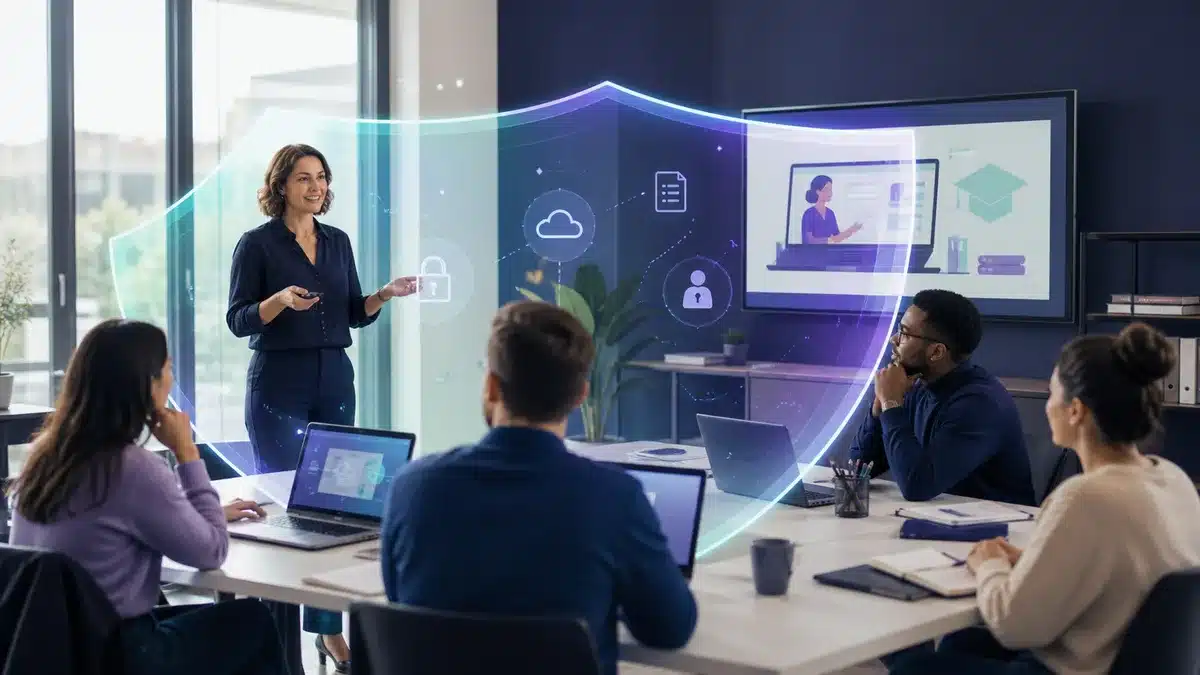 Formatrice et participants protégés pendant une formation