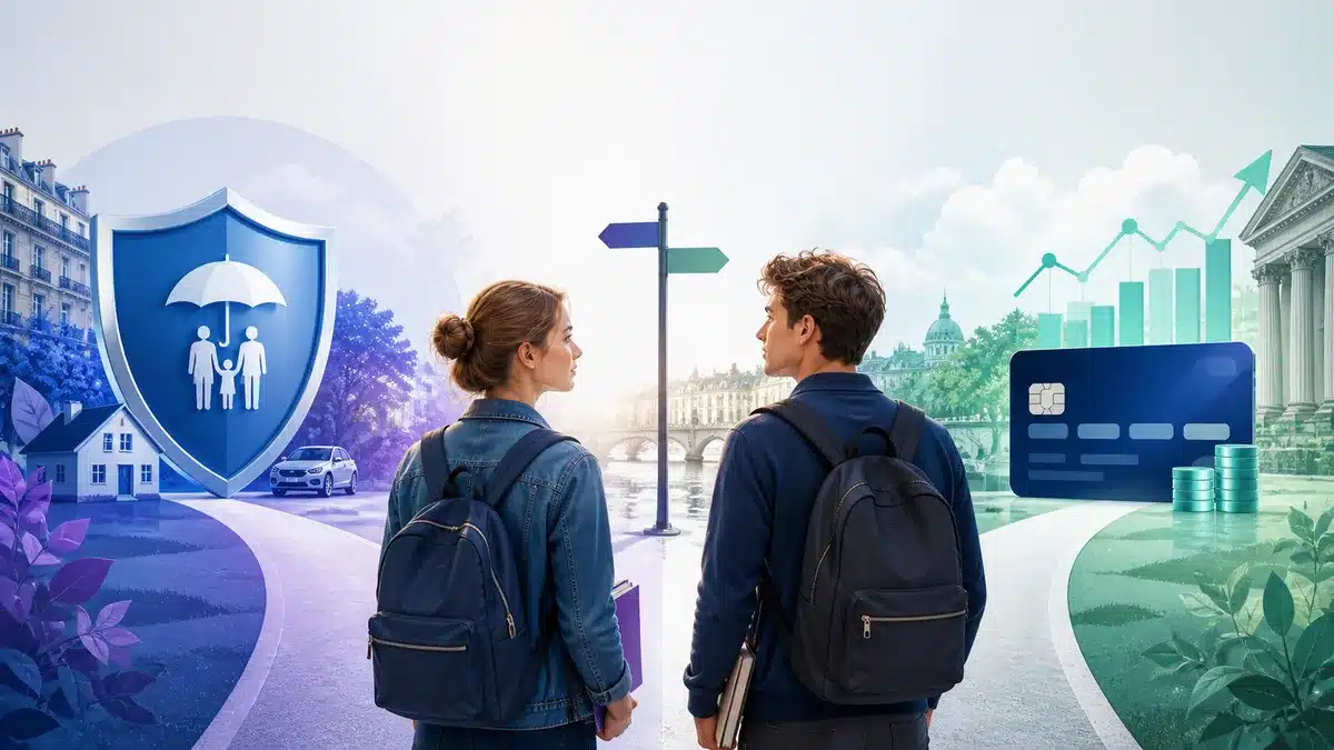 Deux étudiants comparant les orientations BTS Assurance et BTS Banque