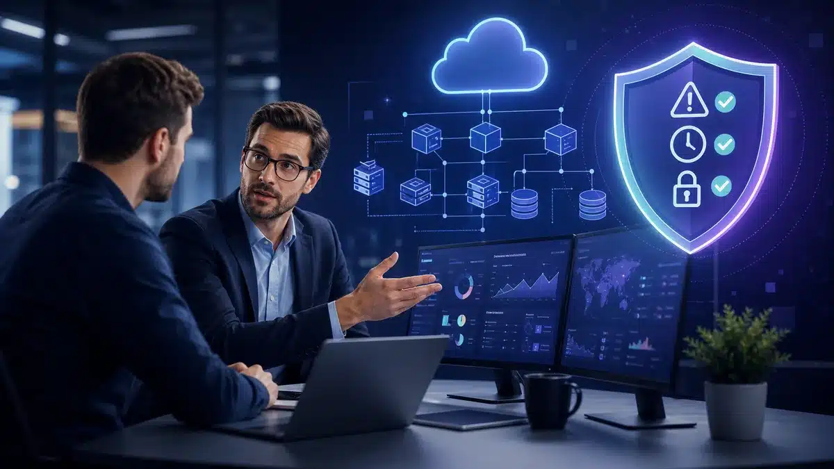 Consultant informatique expliquant une infrastructure sécurisée à un client
